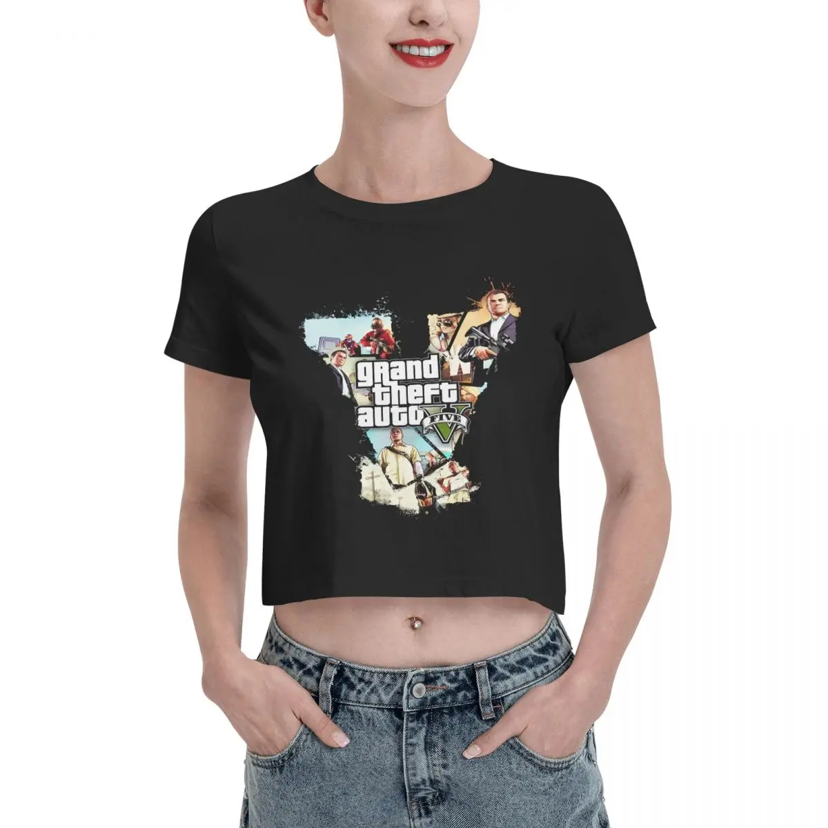 

Grand Theft Auto GTA 5 Game Leak navel T-shirt, Womens Summer Cotton Tee Fashion Crew Neck Short Sleeve T Shirts