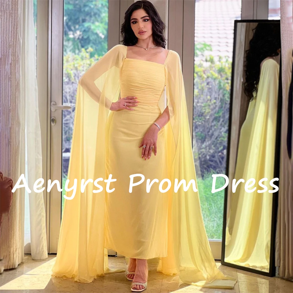 Aenyrst Gele Lange Mouwen Prom Jurken Chiffon Vierkante Kraag Saudi Arabia Avondjurken Enkellange Formele Feestjurk