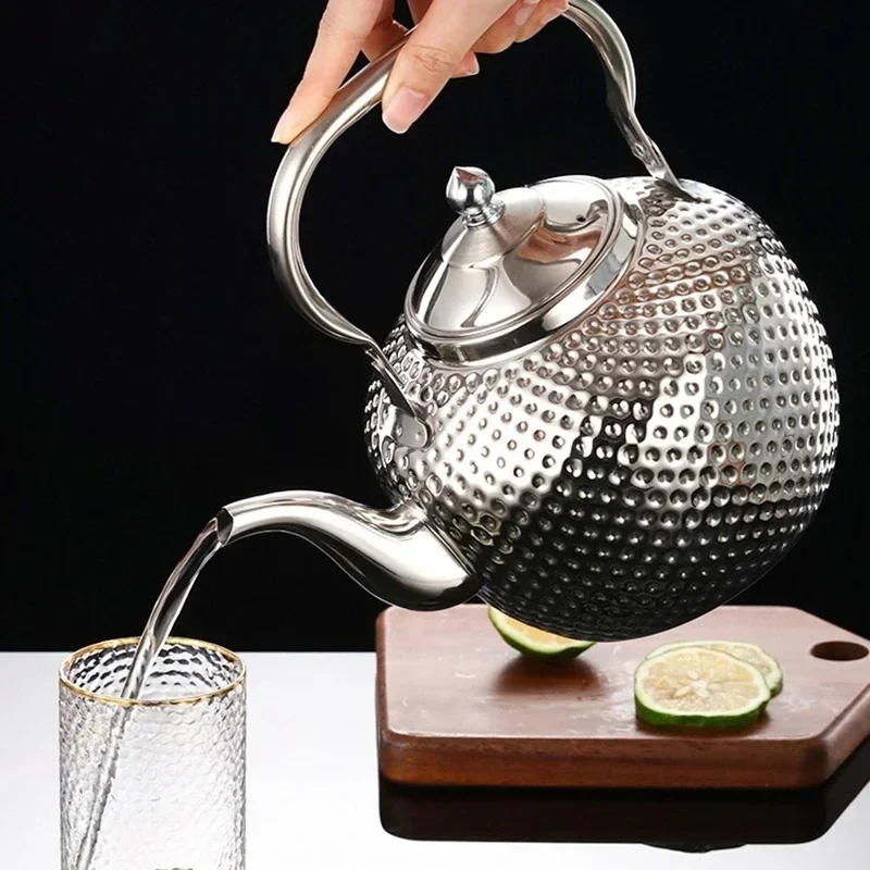 Stainless Steel Hammered Spherical Teapot, Drinkware, Induction Cooker, Stove Tea Kettles, Silver and Gold, 1.2 L, 1.5 L, 2L