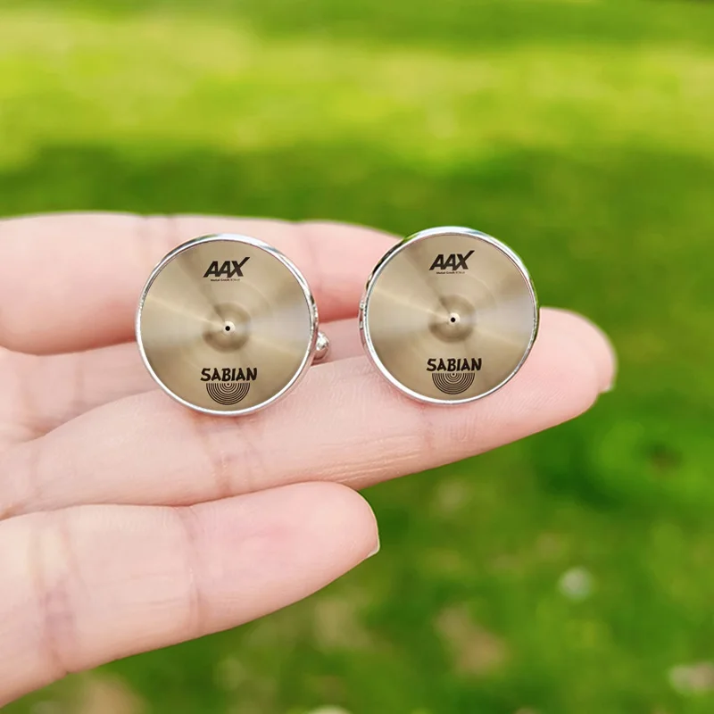 Fashion Drummer Cymbals Cufflinks for Mens High Quality DJ Cymbal Photo Drum Glass Dome Cuff Links Buttons Party Wedding Jewelry