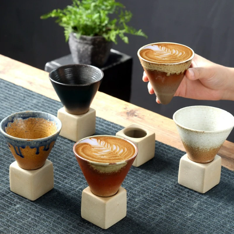 

Tapered Funnel Coffee Cup with Base Japanese Retro Creative Ceramic Coffee Mugs Rough Pottery Tea Cup Household Decorative Cups