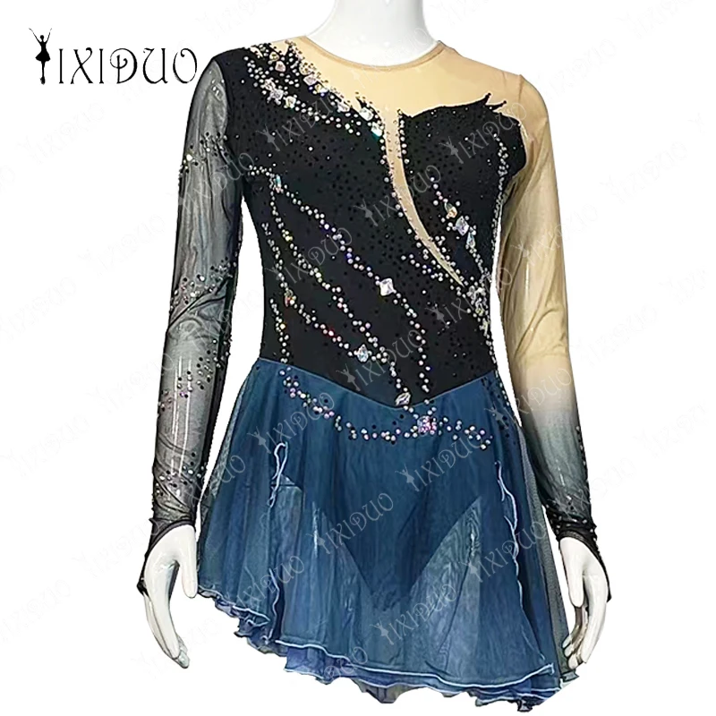 Black Blue Figure Skating Dress Women's Rhinestone Custom Skirt Long Sleeve Ballet Dress New Fashion Comfortable for Girl Child