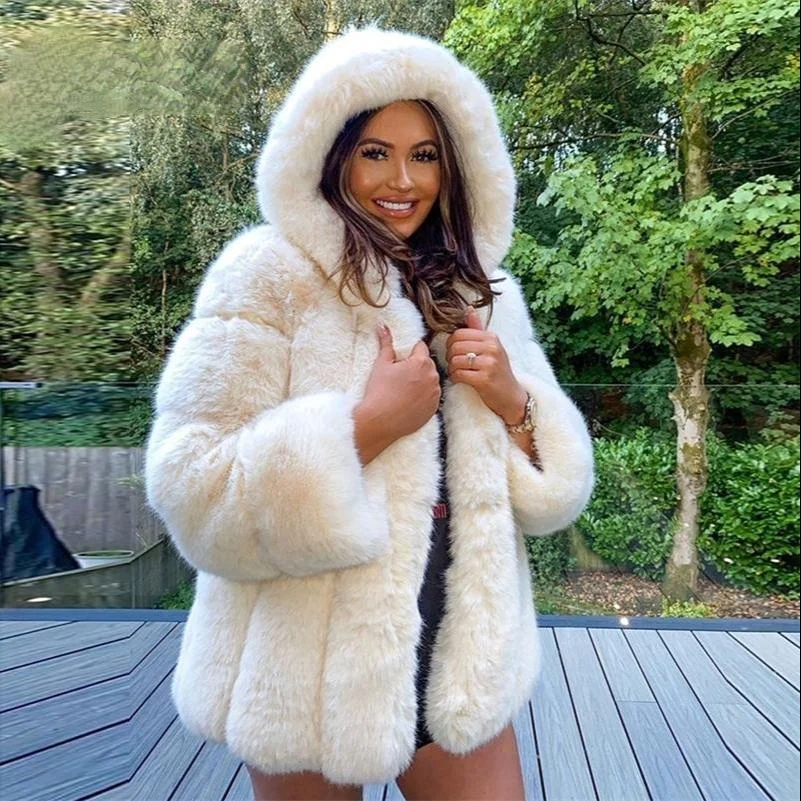 Fluffy Hooded Faux Fox Fur Patchwork Faux Fur Coat Women Winter Thick Warm Long Sleeve Fur Jacket Coats Medium Long for Female