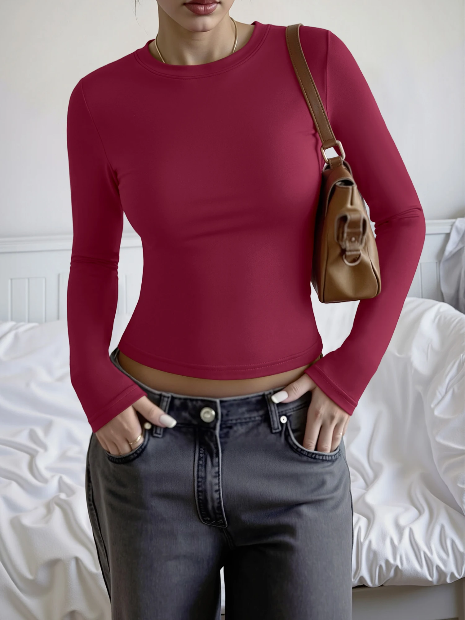 2026 Popular Crew Neck Cropped Long Sleeve T-shirt Solid Elastic Slim Bodycon Tee Spicy Girl Y2K Street Match Denim Skirts Tops view 3