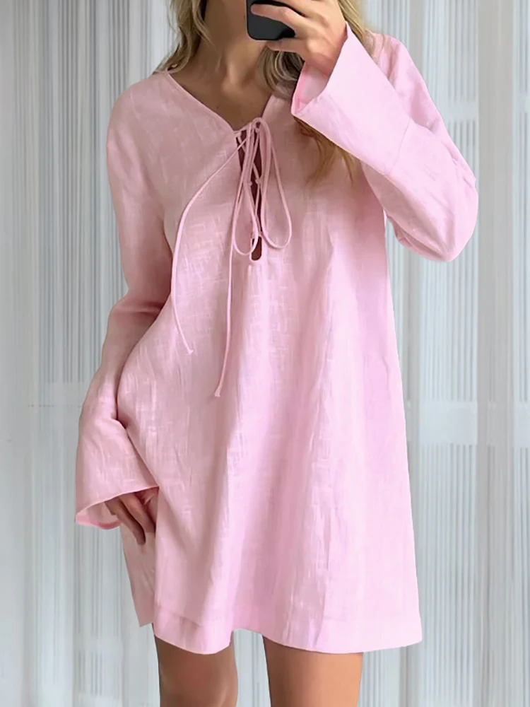 Hiloc Pink Night Dress Women Casual Long Sleeve V Neck Lace Up Sleepwear Female Autumn Fashion Loose Woman Dresses Solid Pajamas