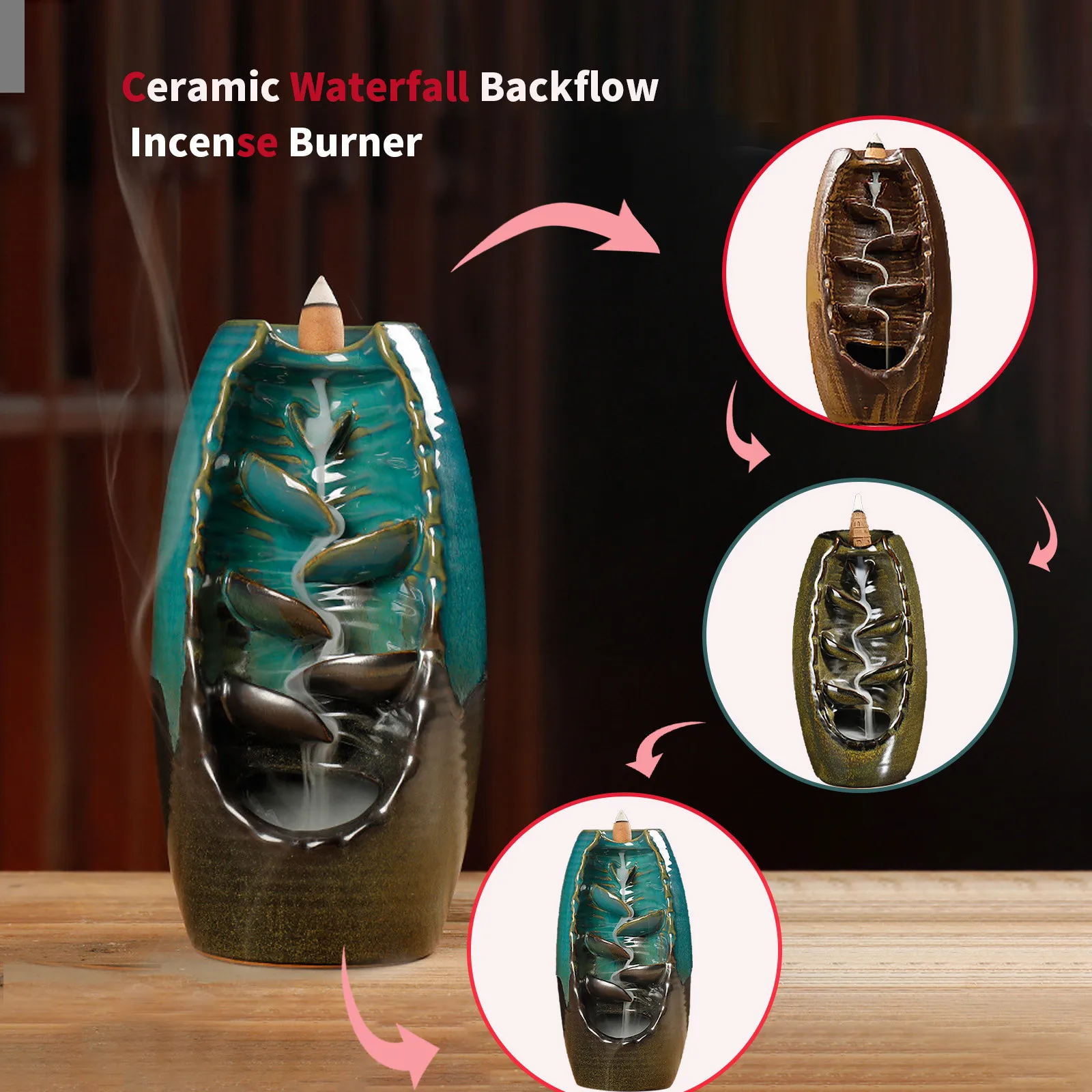 Ceramic Backflow Incense Holder and Burner Waterfall, Aromatherapy Diffusers Ornament For Living Room Home Decor Zen Decor view 2