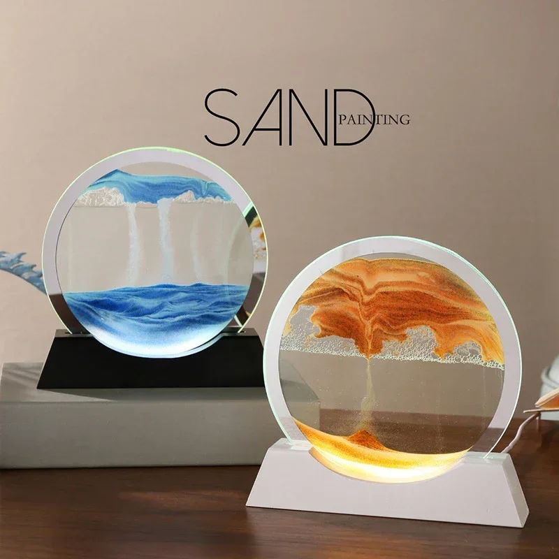 Moving Sand Art with Lighting LED Quicksand Night Light 3D Hourglass Table Lamp Bedside Lamps Sand Painting Home Decor Gifts