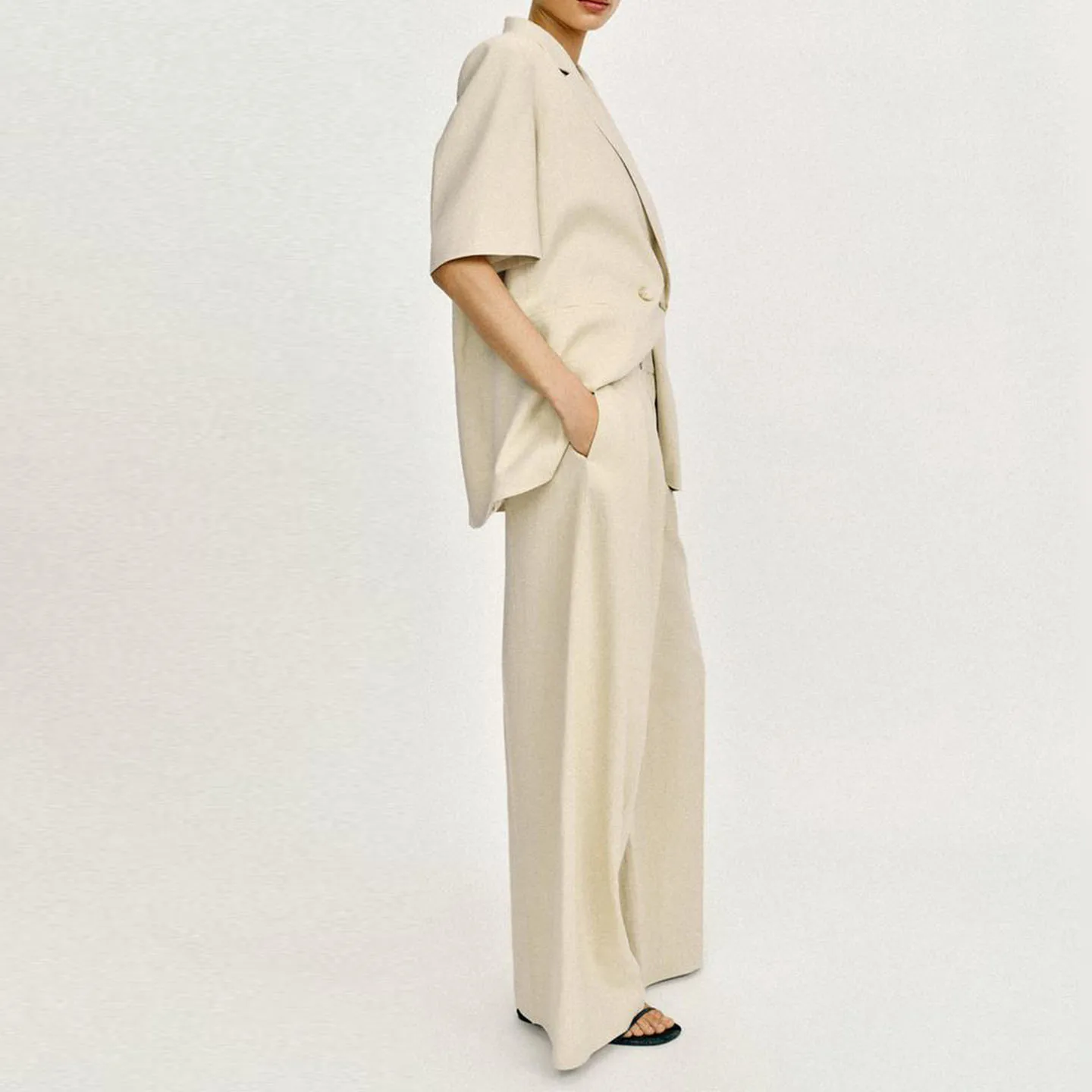 Spring 2026 Women's Double-Breasted Suit Jacket High Waist Pleated Wide Leg Pants Ensemble Short Sleeve Other Fabric Ladies