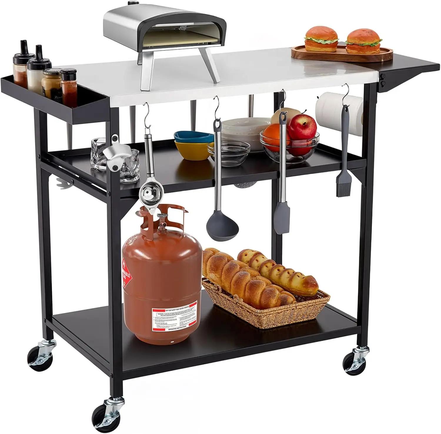 

Outdoor Grill Table Cart with 4 Wheels, Stainless Steel Pizza Oven Tables for Outside, Movable Prep Table Cooking Sta