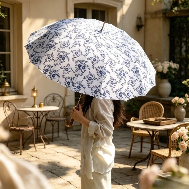 UPF50+ Rose Curved Handle Umbrella, UV-blocking Folding Sun Parasol with 8 Ribs, Rainproof Canopy Cover for Women Manual Use.