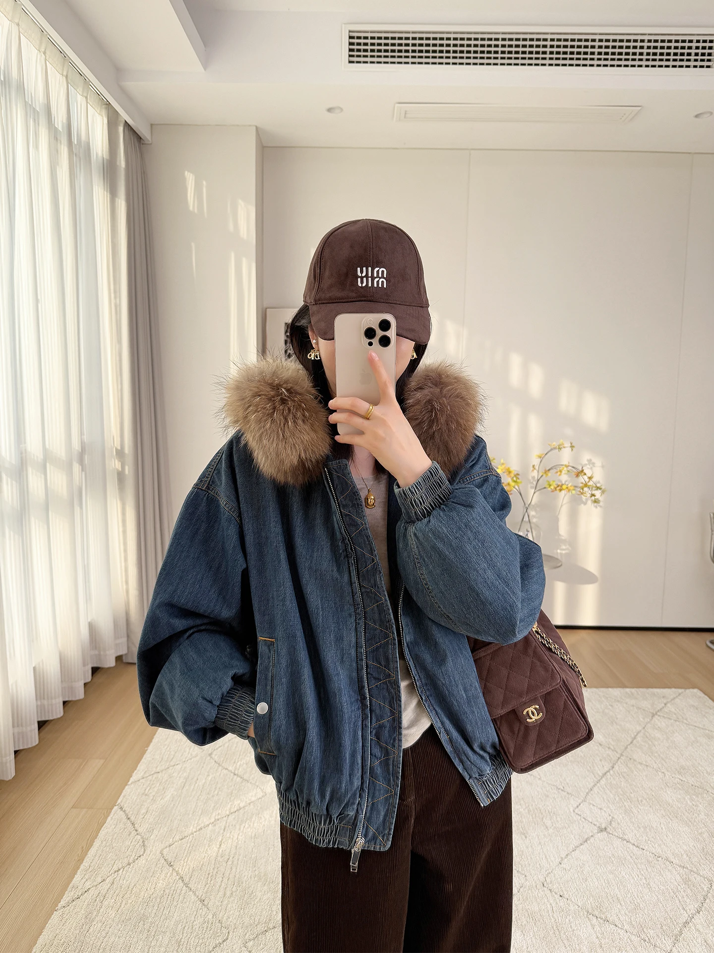 

Retro Sli Thiened Large Fur Collar Hooded Cotton Denim Jaet Women Loose Slimming Parka Coat Zipper Closure Long Sve