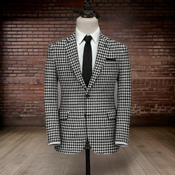 Check Blazer for Men 1 Piece Suit Jacket with Side Slit Slim Fit Houndstooth Plaid Casual Coat 2024 Ready to Ship