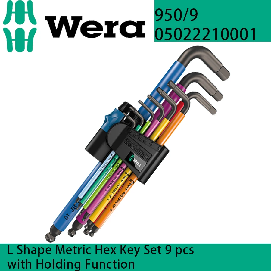 

Wera 05022210001 L Shape Metric Hex Key Set 9 pieces with holding function 1.5-10mm 950/9 Hex-Plus Multicolour HF 1 L-key set