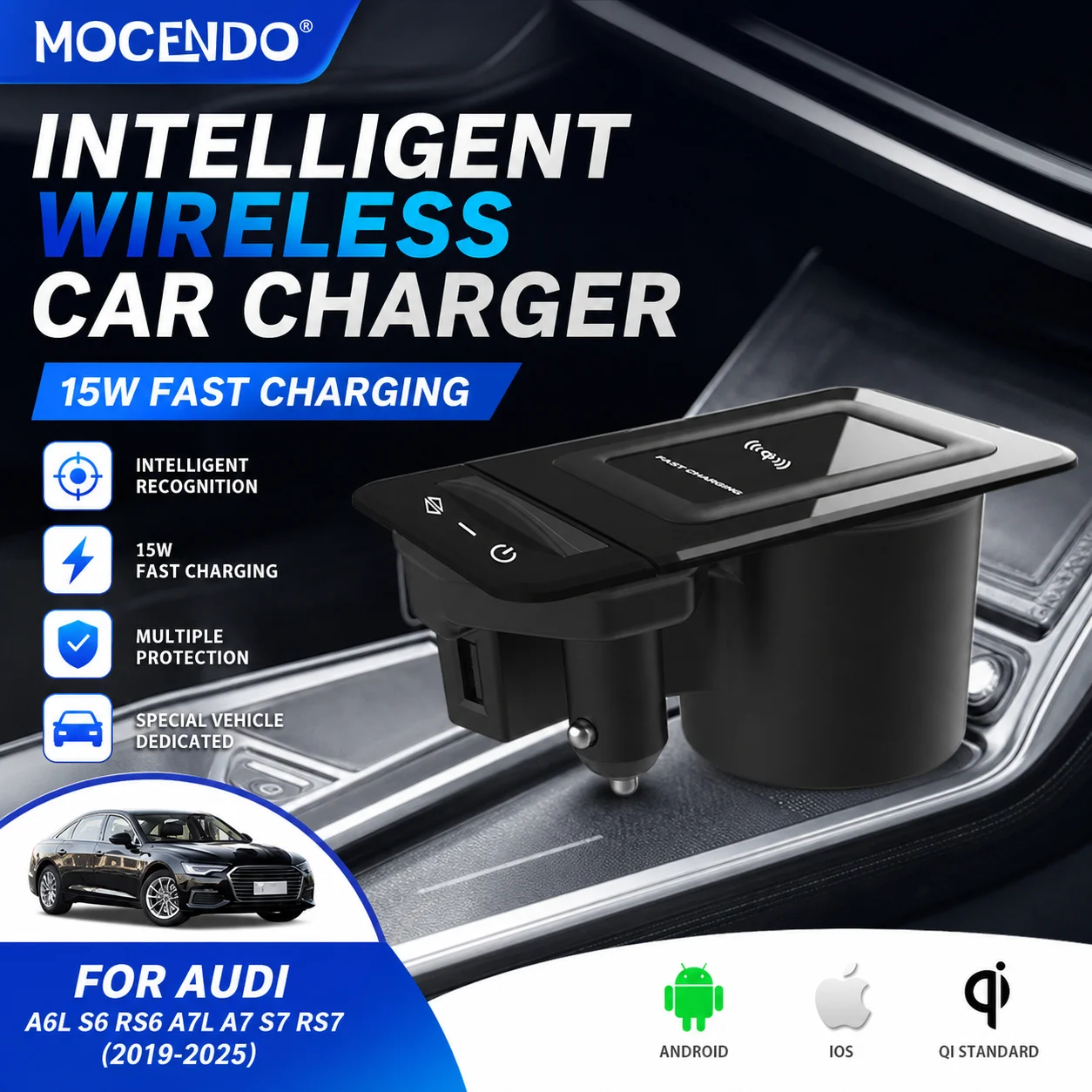 Car wireless charger For Audi A6L/A7/S6/S7 mobile phone lift fast charging board 15W