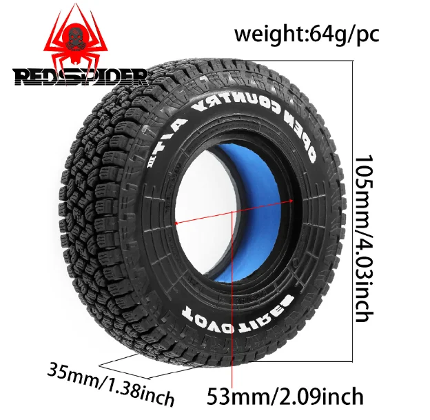 4pcs 1/10 RC Car 1.9 Inch Soft Rubber Tires A/T Open Country Pattern for Traxxas TRX4 Axial SCX10 Red Spider 1.9