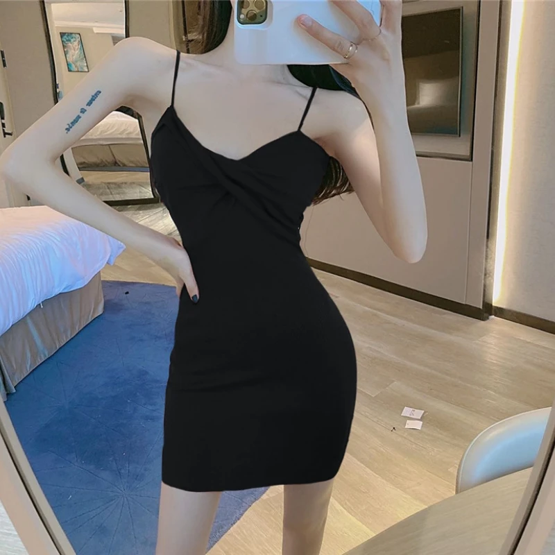 Summer Sexy Mini Dress Women Sleeveless Strap Streetwear Knitting Folds Bodycon Slim Solid Dress Party Elegant A-LINE Dresses