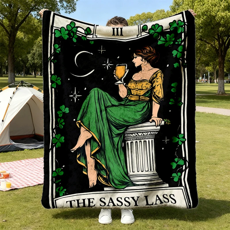 Sassy Lass Flannel Blanket, Irish Tarot Card Flannel Throw, Funny St Patrick's Day Shamrock Gift Cozy Blanket