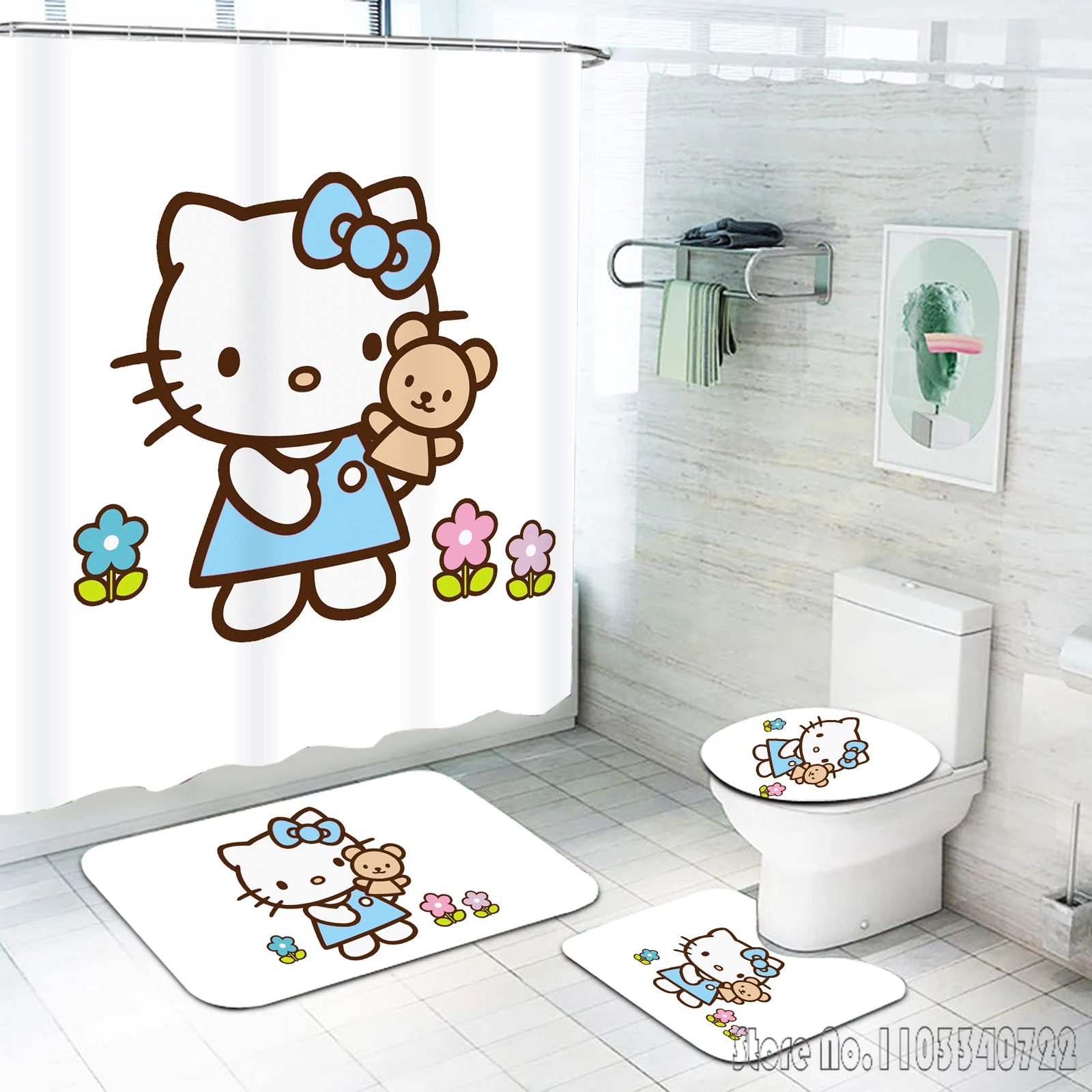 Cute Hello Kitty Anime Bath Shower Curtain Set 4pcs with Hooks Waterproof Bathroom Toilet Mat Lid Decor