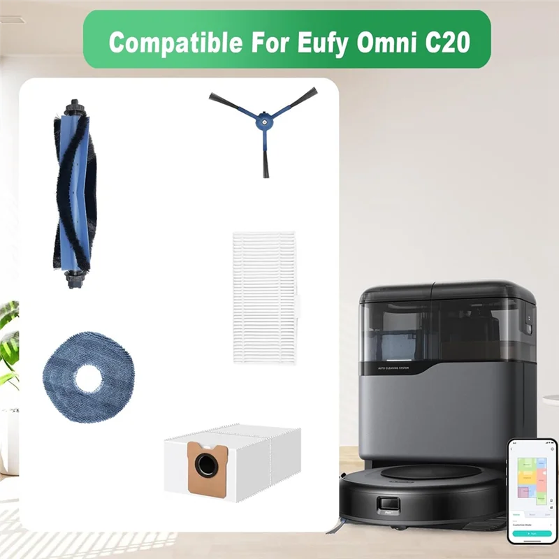 

TKOH-Accessory Set For Eufy Omni C20 Vacuum Cleaner Replacement Part Main Side Brush Hepa Filter Mop Cloth Dust Bags
