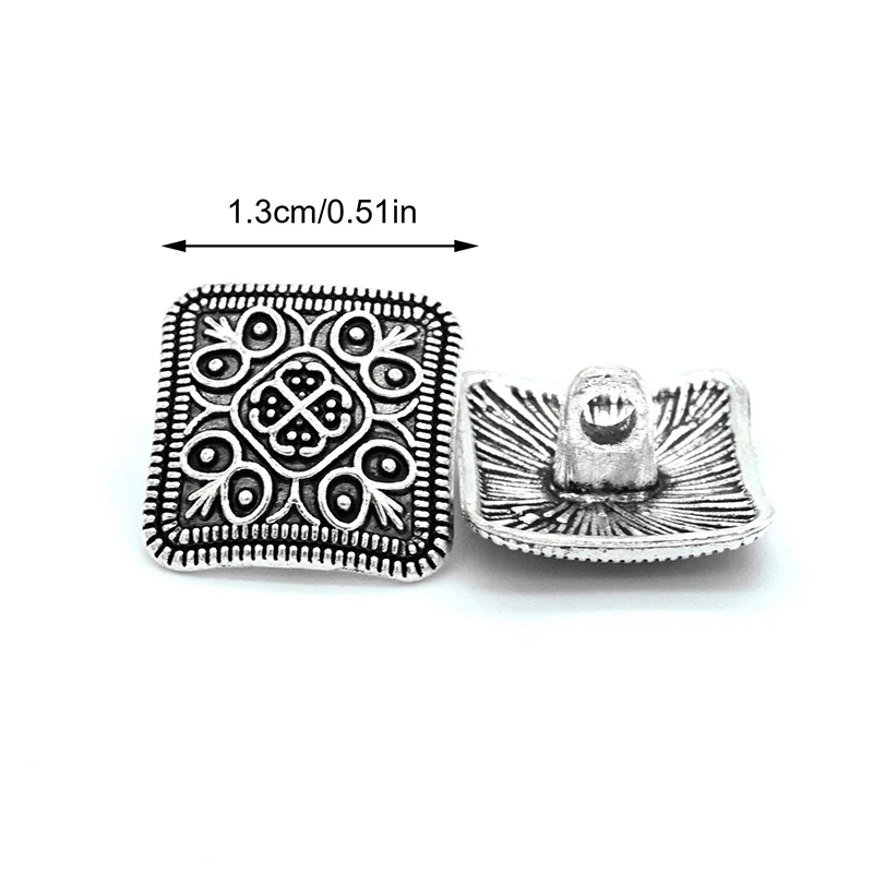 10Pcs/lot Silver Flower Metal Shank Button Geometric Square Antique For Clothes Jeans Sewing DIY Decorative Crafts