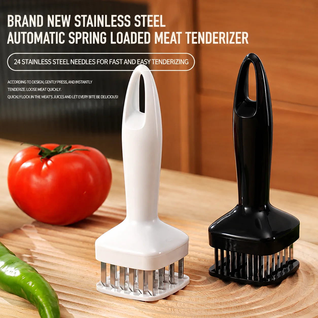 Stainless Steel Automatic Springback Meat Tenderizer Needle for Home Kitchen – Makes Beef  Steak  and Chicken More Flavorful