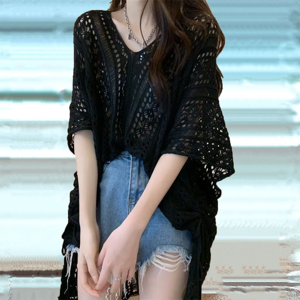 Costumi da bagno da donna Copricostume da spiaggia in pizzo all'uncinetto Costumi da bagno bikini Copricostume lavorato a maglia Costume da bagno da donna con scollo a V Costumi da bagno con spacco laterale
