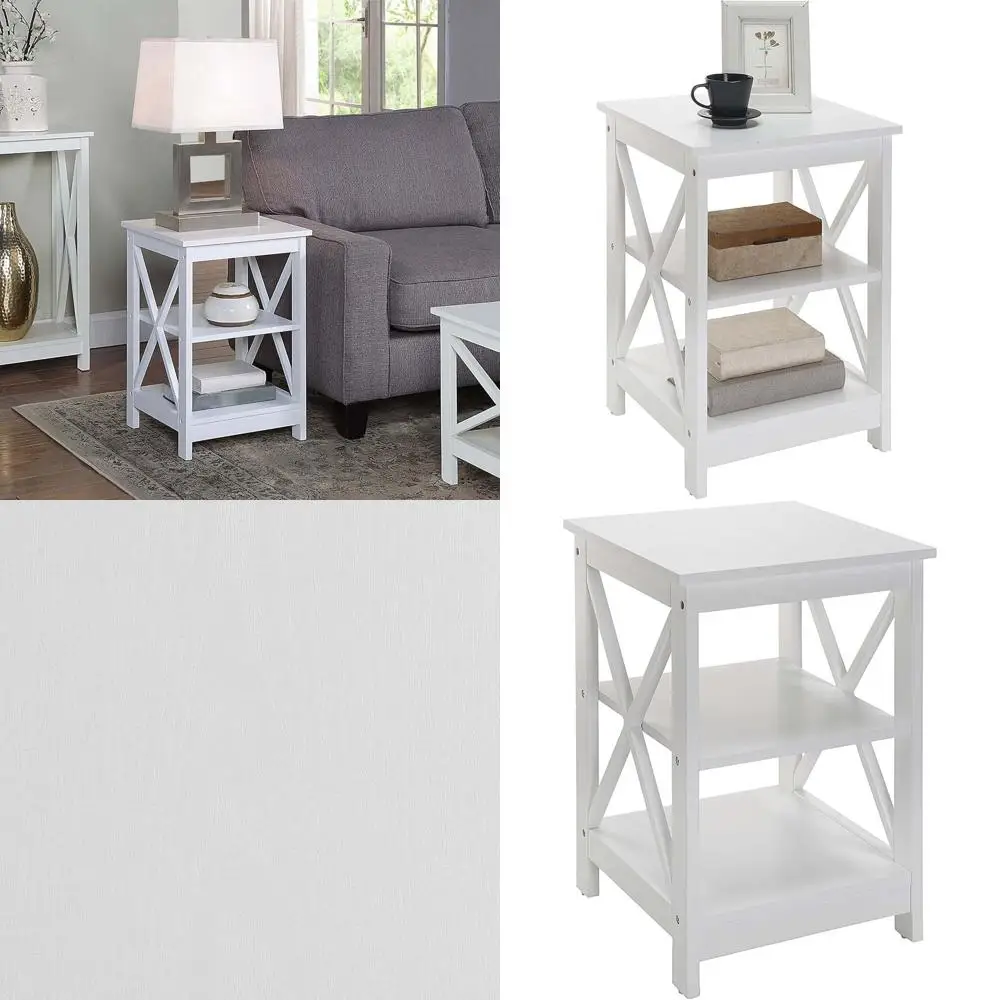 

15.75 Modern Storage Side Table - Transitional Living Room Nightstand with Shelves, White