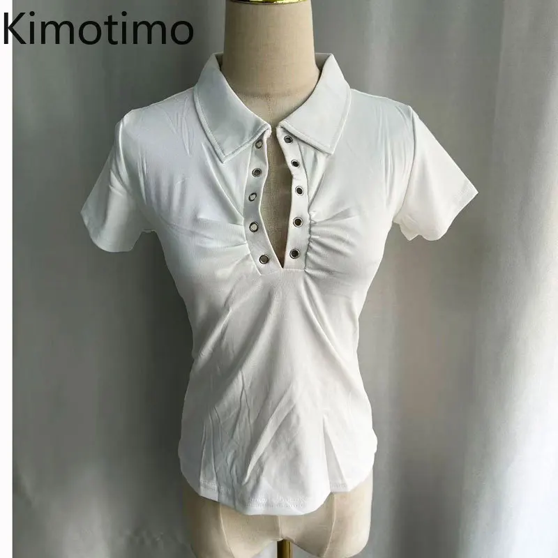Kimotimo White Slim Fit Short Sleeve Shirt Women Deep V Neck Grommet Ruched Bust Top Y2K Going Out Casual Tee