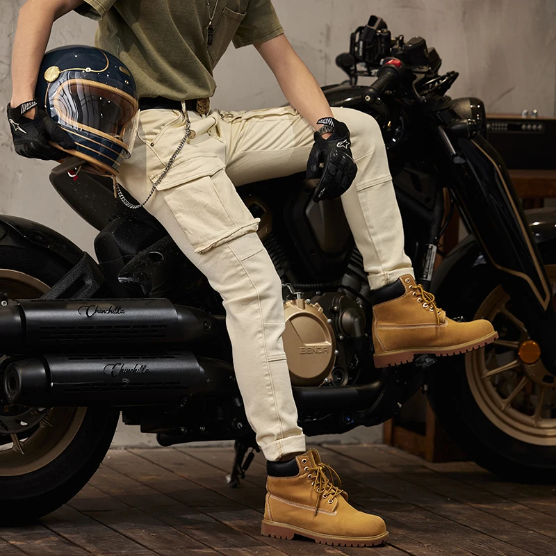 

Beige motorcycle jeans men's business shirt fashionable slim-fit stretch multi-pocket fashionable casual motorcycle trousers