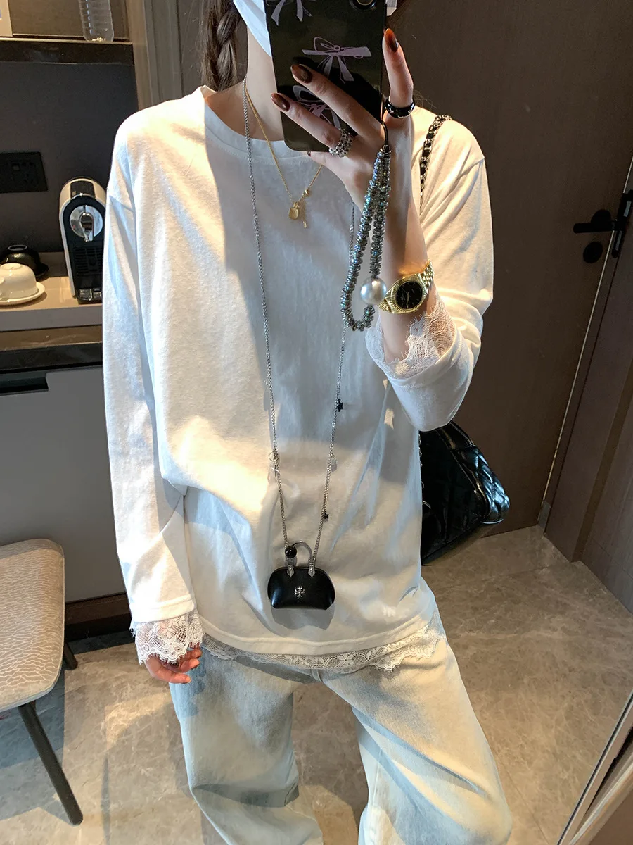 

Spring Women's Casual Solid Color Lace Splicing Design Large Edition T-shirt Bottom Shirt
