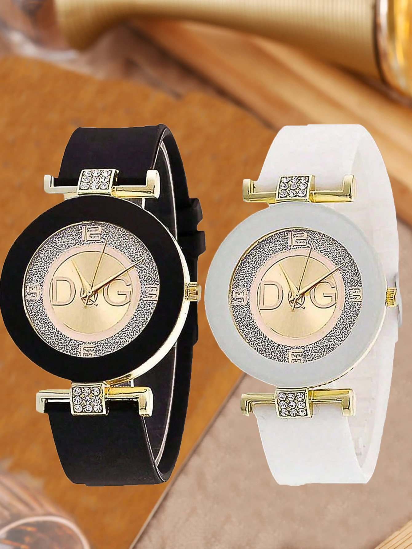 Luxury Glitter Dial D&G Women Watch Gold Plated Rhinestone Silicone Band Quartz Wristwatch