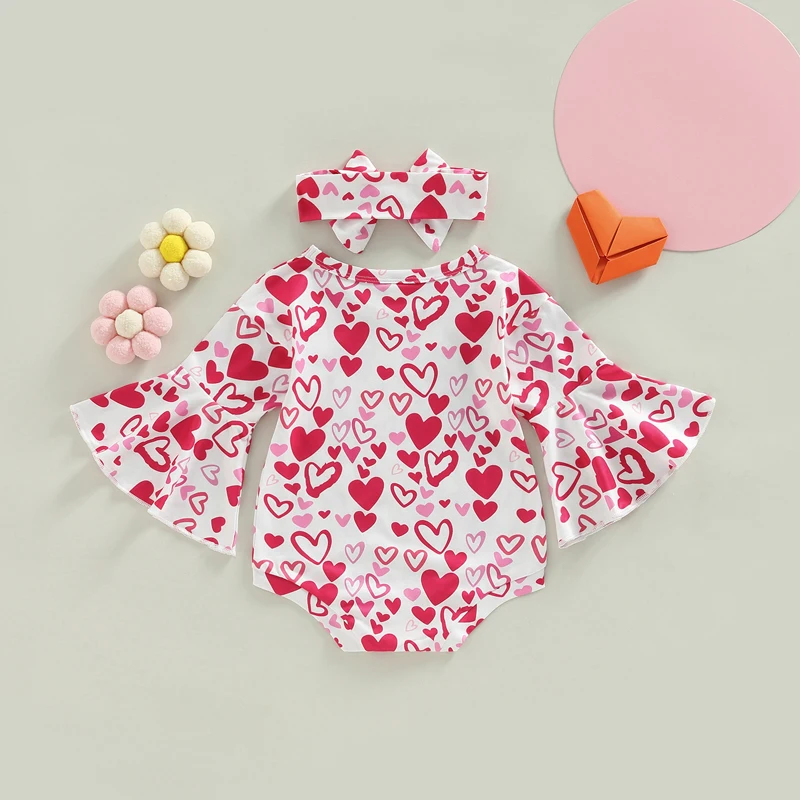 Toddler Girl Pink Heart Print Dress with Matching Headband Ruffle Sleeve Round Neck Valentine s Day Outfit for Baby Girl