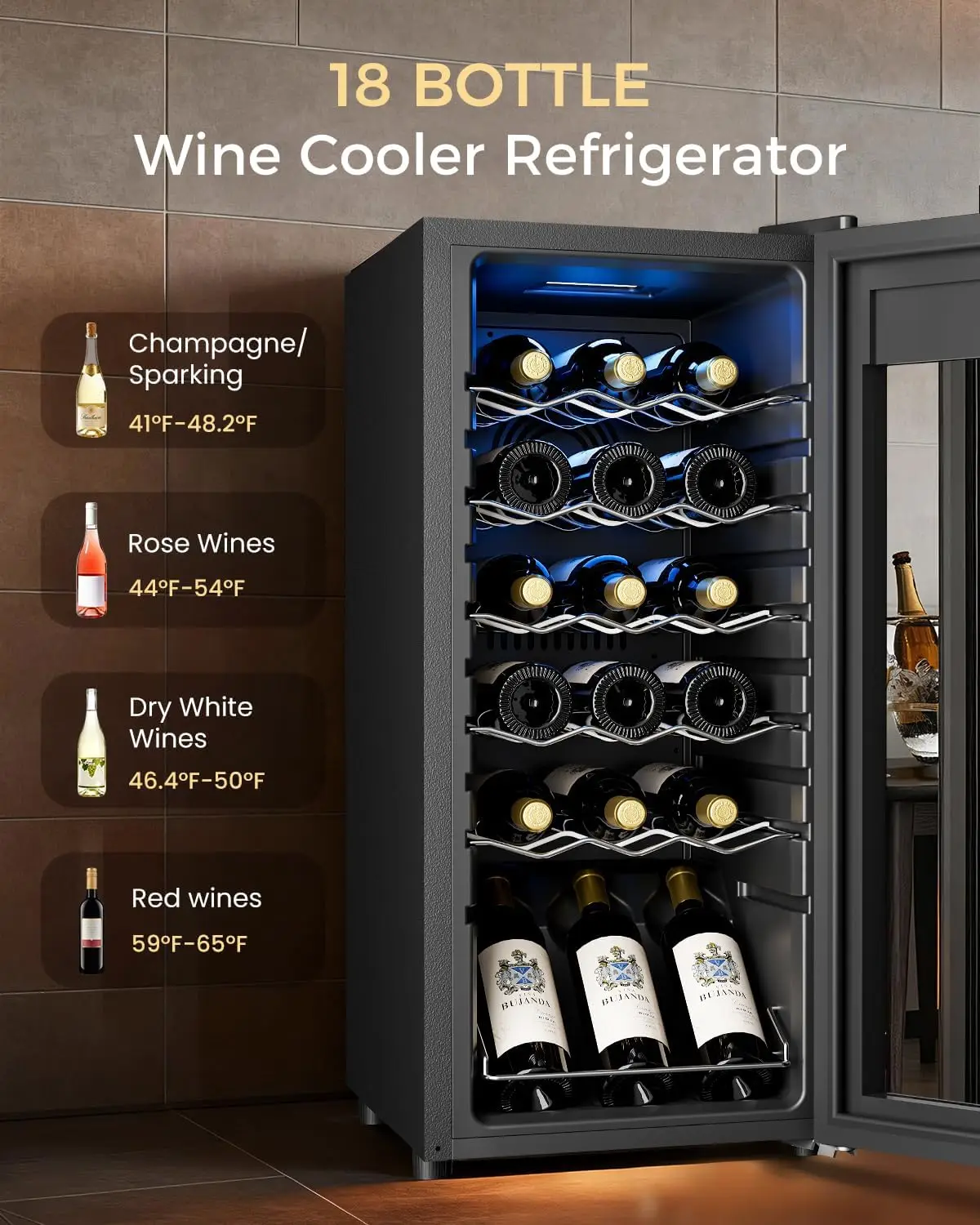 18 Bottle Compressor Wine Cooler Refrigerator - Freestanding Wine Fridge with Glass Door & Digital Temperature Control, Wine Ref