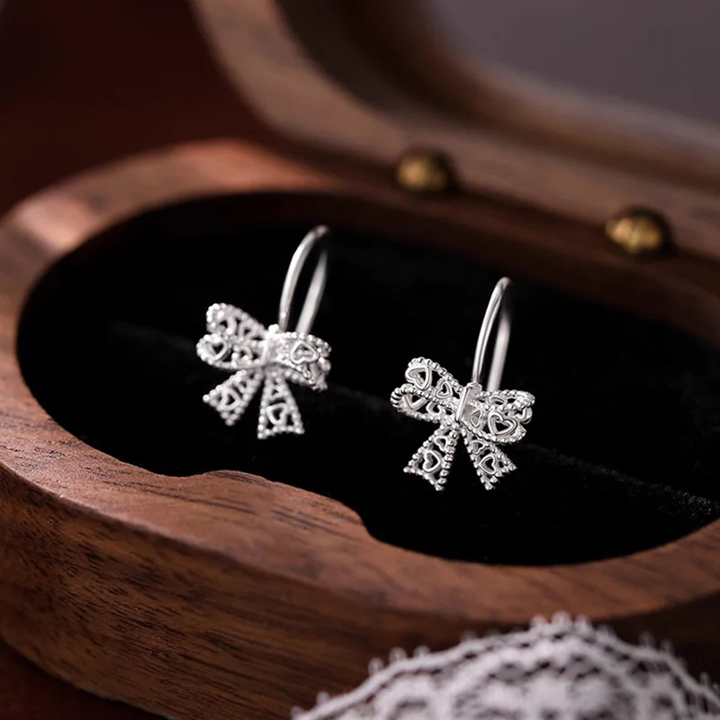 Real 925 Sterling Silver Lace Bowknot Stud Earrings For Women Party Classic Fine Jewelry Light Luxury Accessories