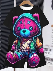 New Anime Trend Bright Color Bear Print Short Sleeve T-shirt Shorts 2 Summer Men's Fashion Street Short Sleeve Set Anti-wrinkle