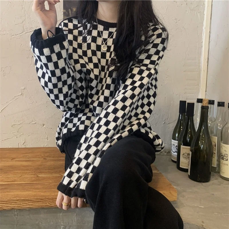 بلوفرات نسائية برقبة دائرية منقوشة بتصميم كلاسيكي كسول للخريف والشتاء رائجة البيع أنيقة وملصقة عصرية للشارع Y2k ريترو فرنسي #1