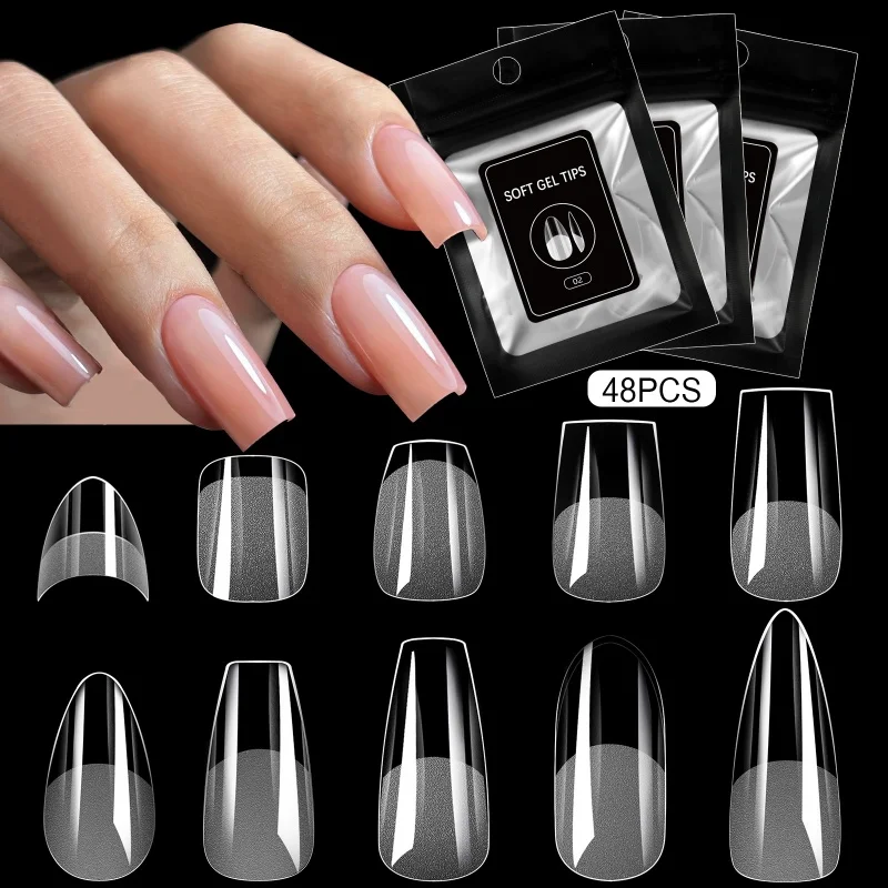 

48Pcs/Pack False Nail Tips Soft Gel Semi-Matte French Full Cover Press On Nails Almond Coffin Ultra Thin Seamless Fake Nails
