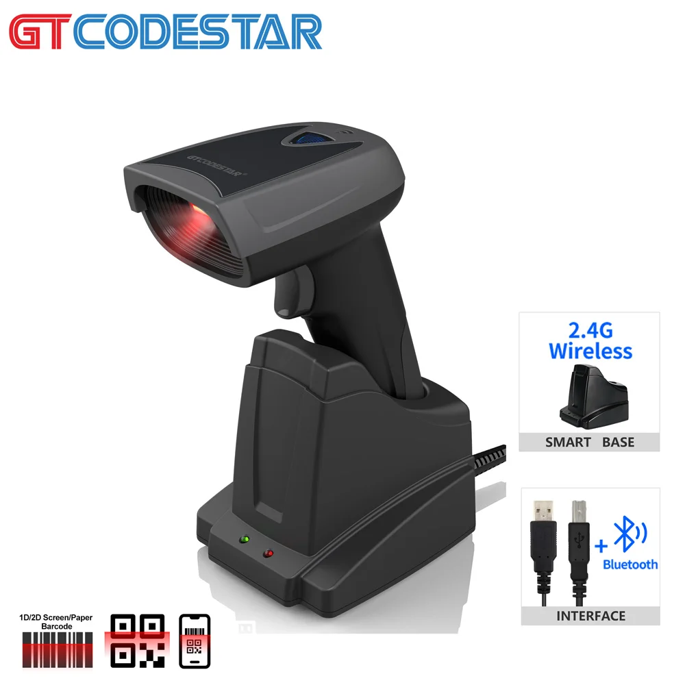 GTCODESTAR Wireless Bluetooth Barcode Scanner 2D Barcode Reader Handheld Barcode Scan Gun Alipay Scanner with Charging Stand