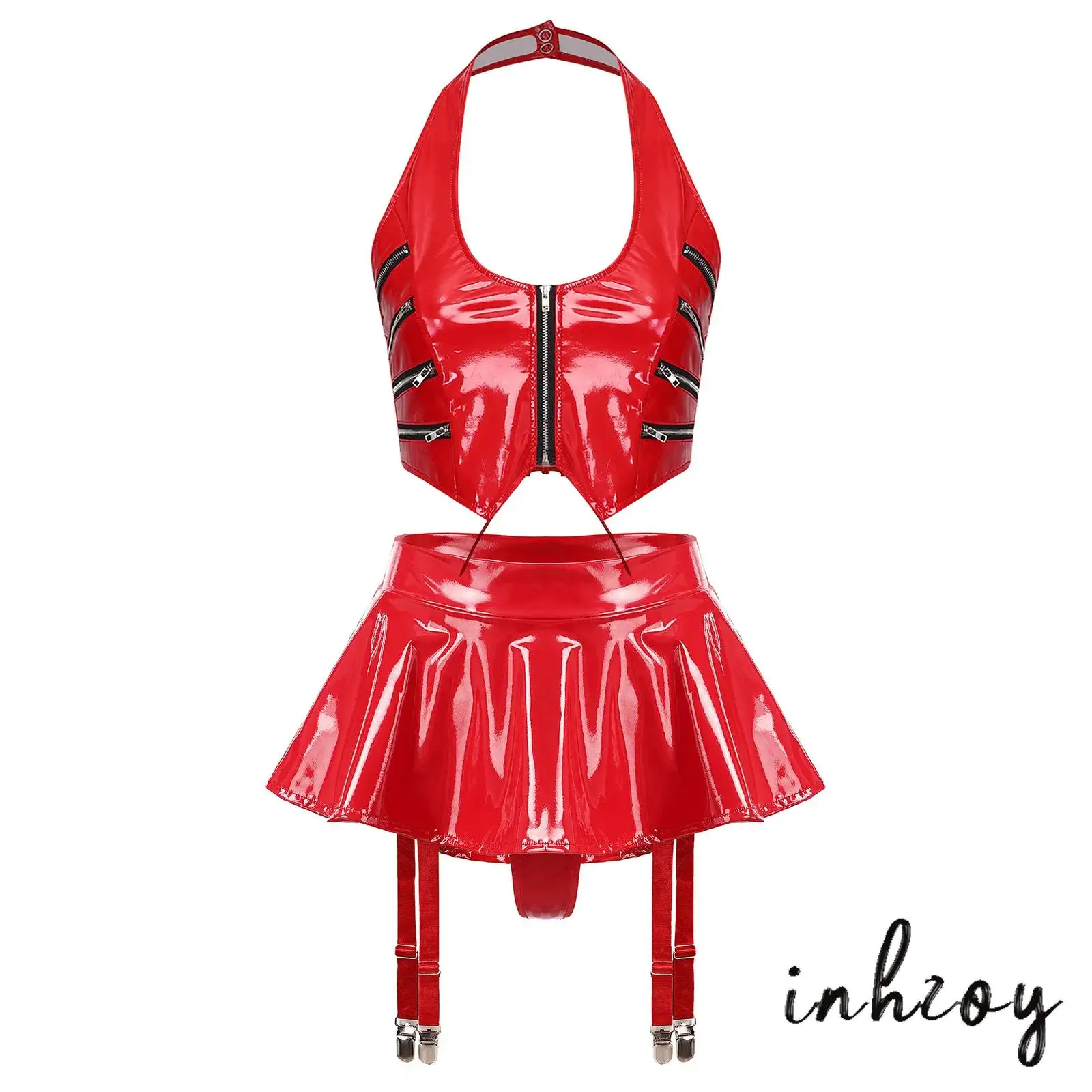 

Women Wet Look Glossy PU Leather Clubwear Zip Detail Halter Back Lace-up Crop Top and Miniskirt with Garter Clips Set
