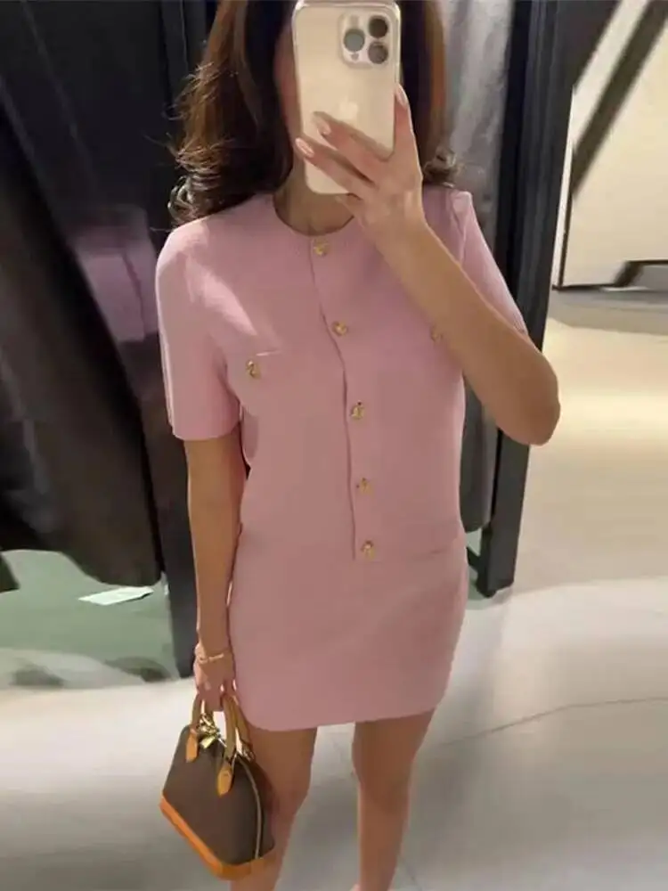 Knitted Mini Skirt Sets Women 2 Pieces 2025 New Knitted Short Sleeved Women Suit Casual Two Piece Set Summer Women Outfit BX7H