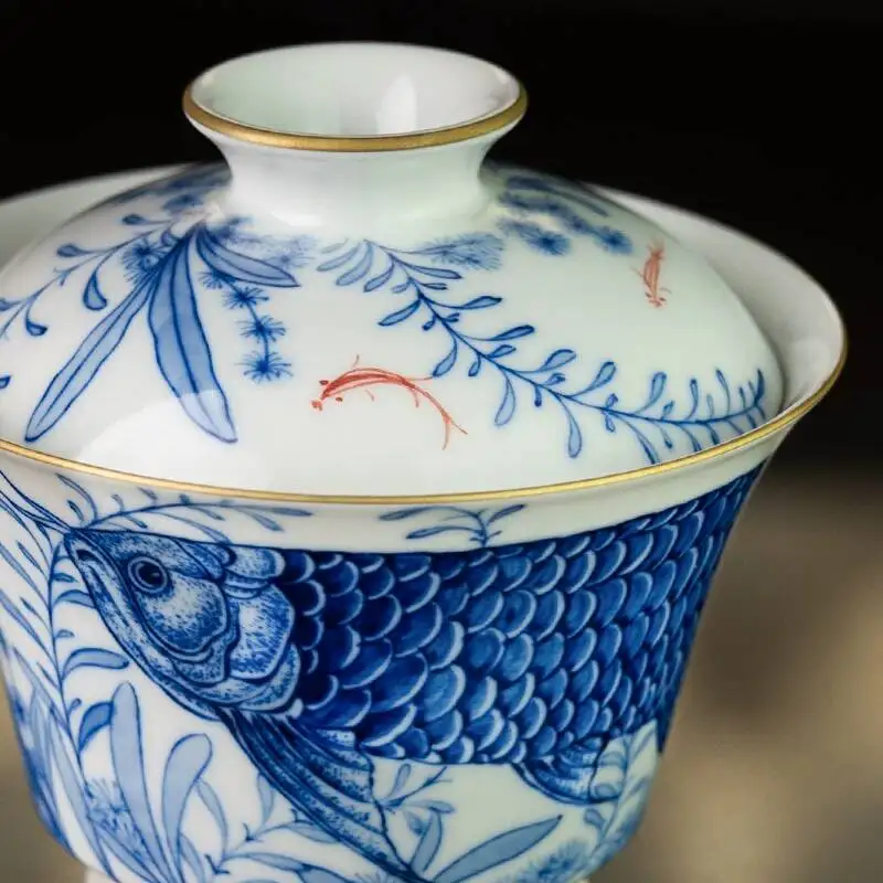 Holy Mountain Jingdezhen Hand-Painted Blue And White Gold Dragon Fish Gilded Set Cup Ceramic Tea Brewing Lidded Bowl