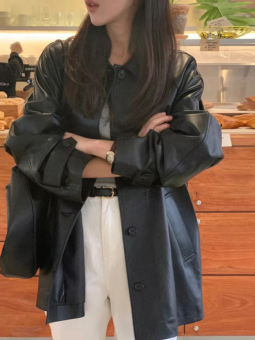 Retro Bla PU Leather Jaet Women's Chic Loose Coat Long Sve Autumn Faion Street Design Sensation Medium-Length Coat