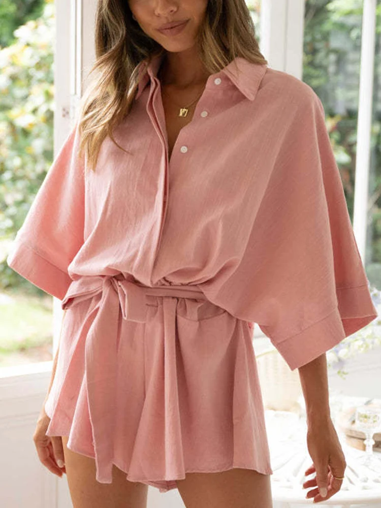 

Casual Beach Loose Batwing Sleeve Women Wide Leg Romper Cotton Belt Turn Down Collar Shirt White Playsuit Overall Summer