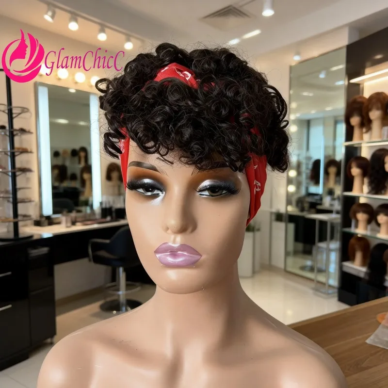 

Высококачественный парик из натуральных человеческих волос Kinky Jerry Curly, машинной работы, с чёлкой, бразильские волосы Remy, 180% плотность, цвет натуральный, с головным платком