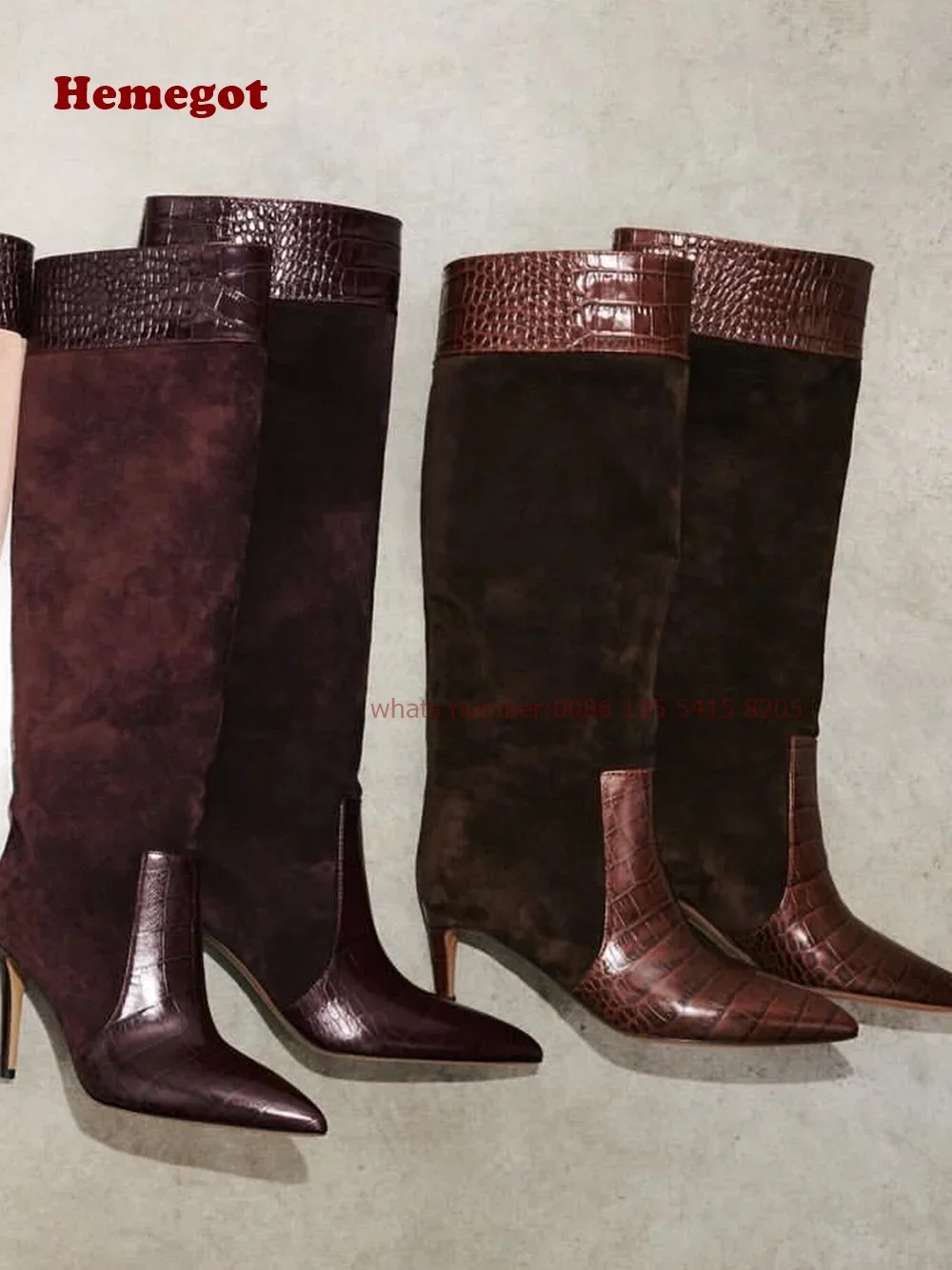Long Pointed Boots Croco-Embossed and Suede Patchwork Women\'s Knee High Boots Thin Heels Slip On Glossy Brand Casual Shoes 2024