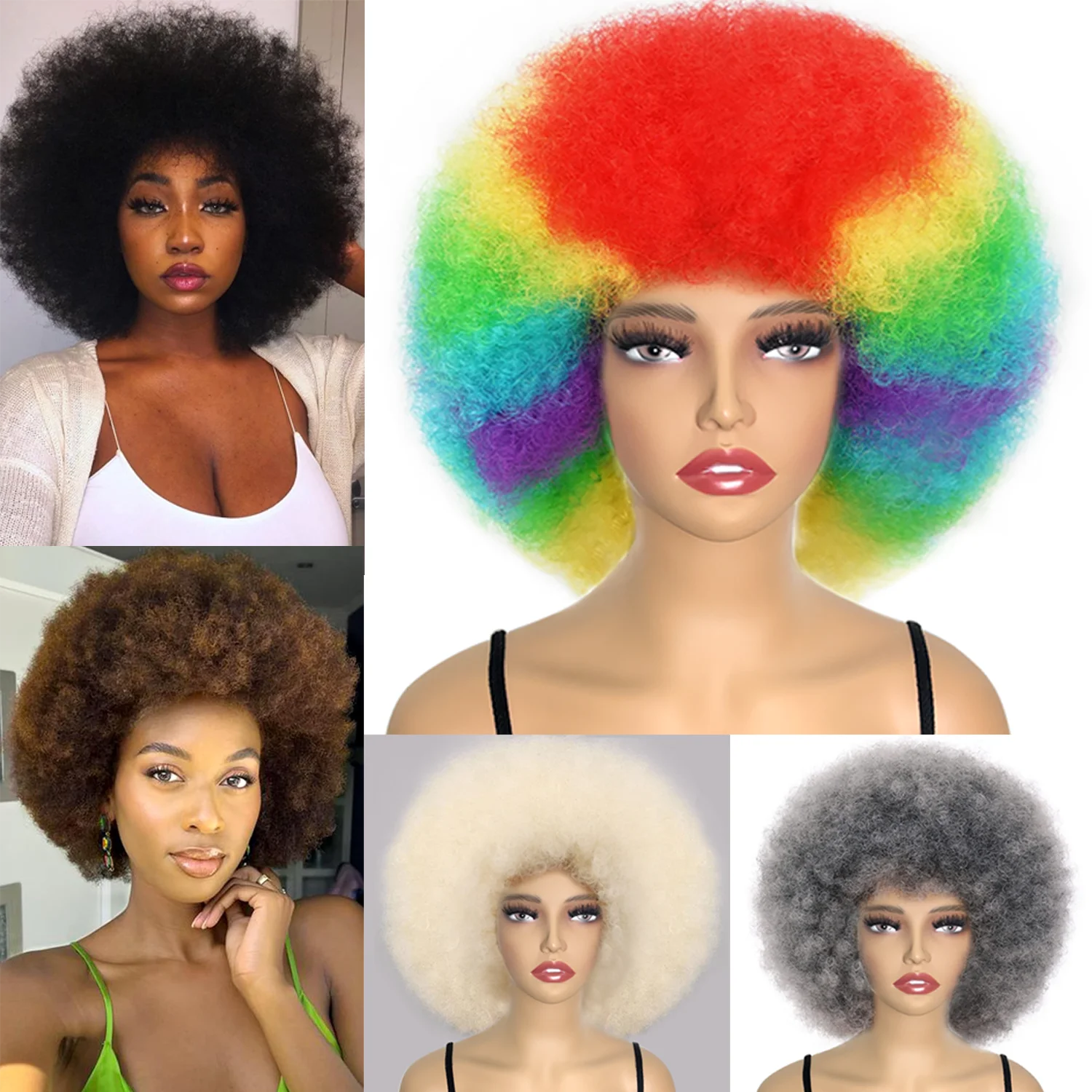 

Short Hair Afro Kinky Curly Wigs With Bangs For Black Women African Synthetic Ombre Glueless Cosplay Wigs For Daily Party Use