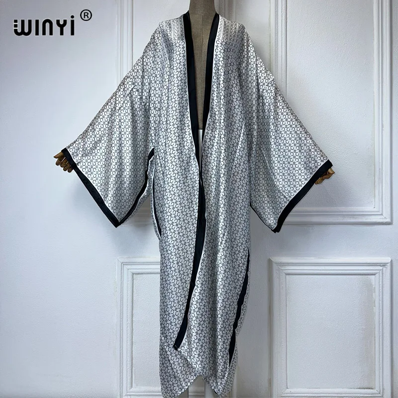 WINYI Kimono Women Elegant print Long Sleeve Cardigan Female Blouse Loose abaya beachwear Cover Up boho dress party kaftan