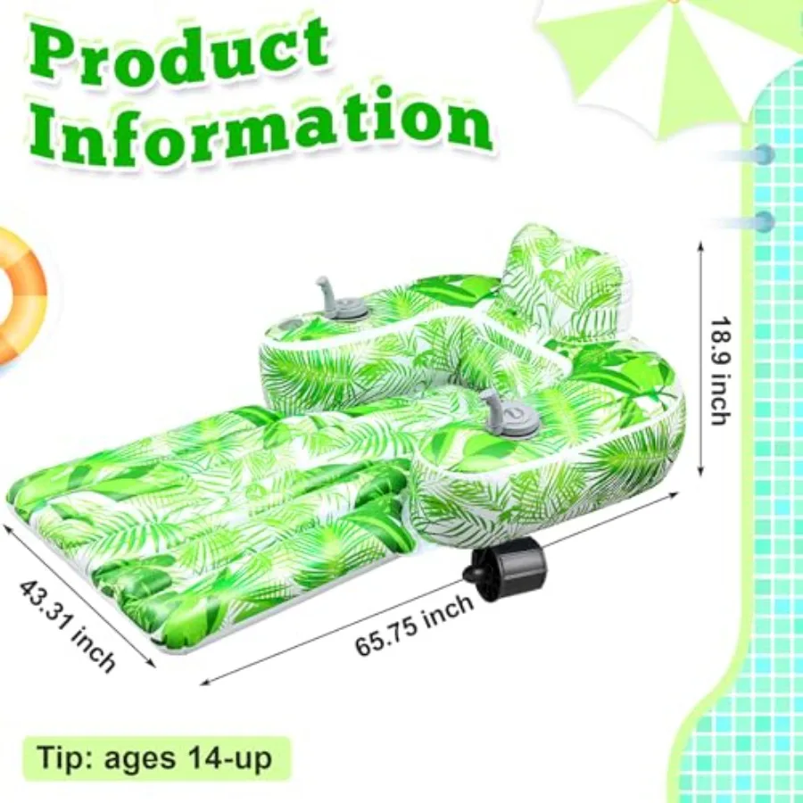 Motorized pool float for adults: inflatable electric lounger with 2 dual motors cup holder green PVC material ideal for swimmin