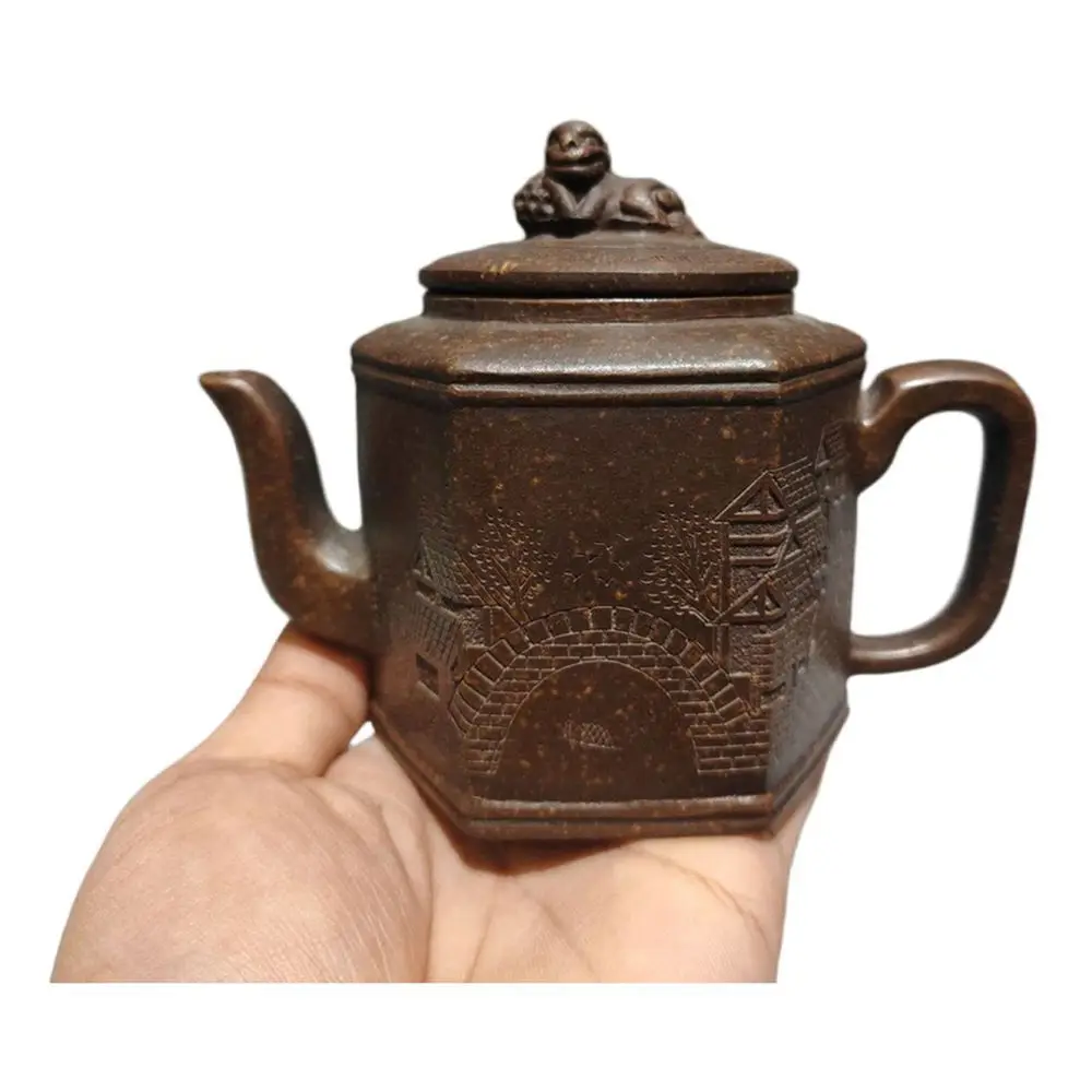 Yixing Zisha Pot érudit esthétique soulagement calligraphique forme hexagonale sculpté sculpté gravé estampillé bouton Lion à motifs