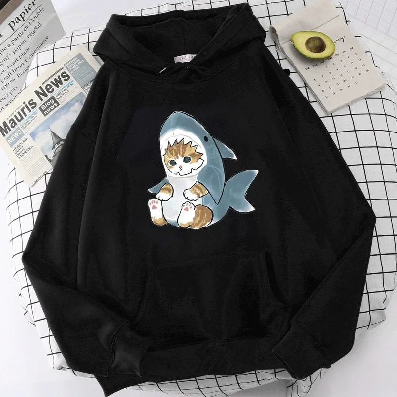 Kawaii Cat Shark Graphic Hoodies Fun Cute Cartoon Anime Print Sweatshirt Autumn Winter Y2K Fashion 90S Men Women Pullover Tops